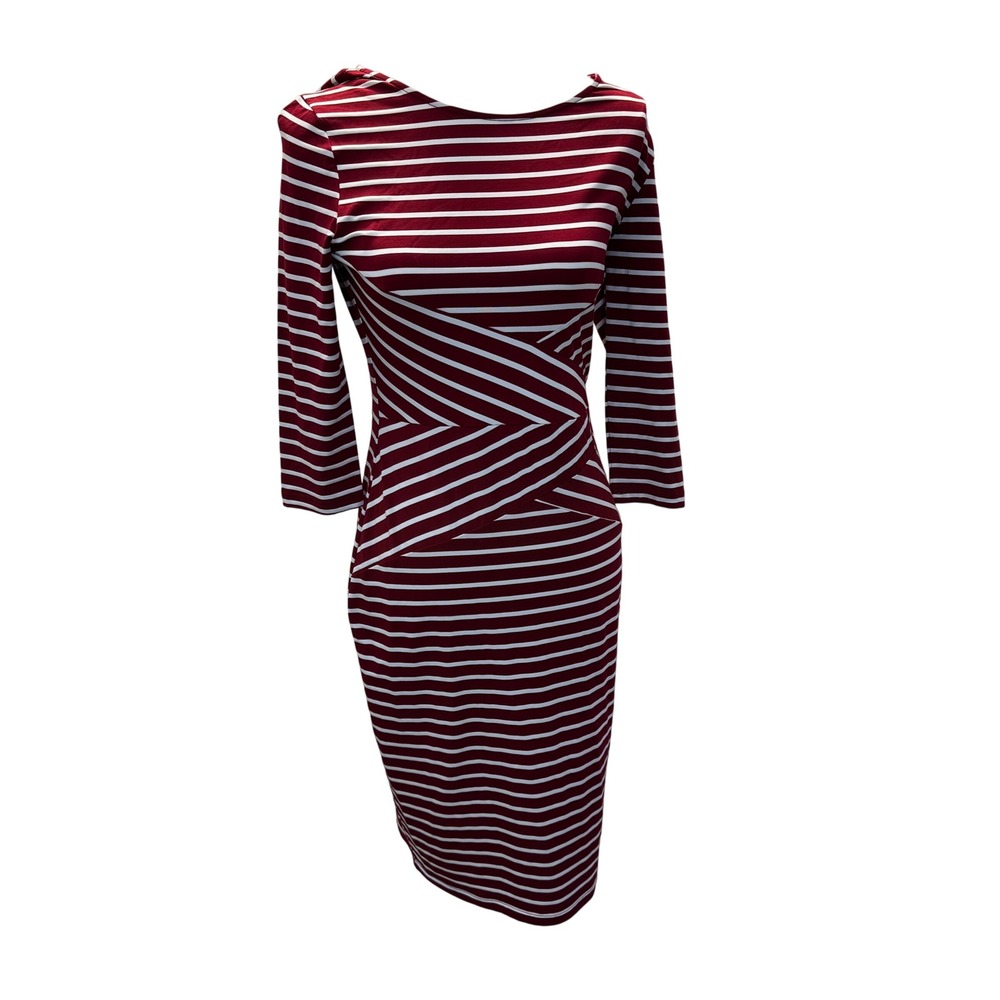 Rephyllis Burgundy White Striped Sheath Dress Crisscross Waist 3/4 Sleeve Med